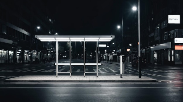 Bus Stop Along Road at Night