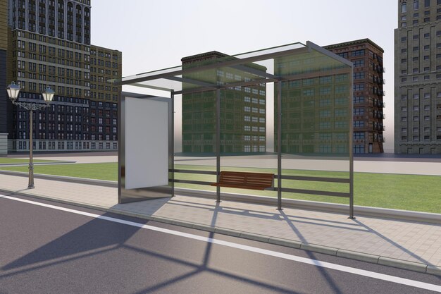 Автобусная остановка Bus Shelter Sign Mockup 3D Rendering