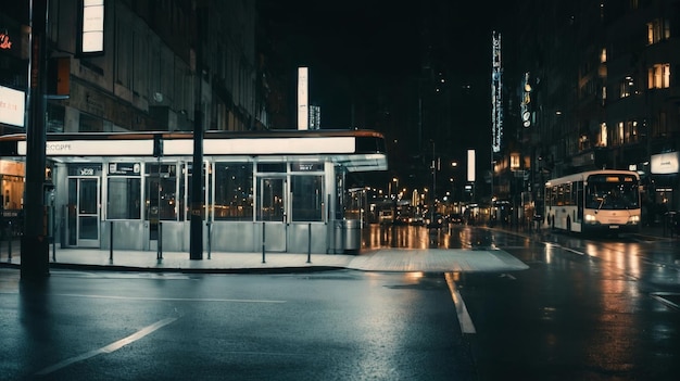 Bus Stop on a City Street at Night