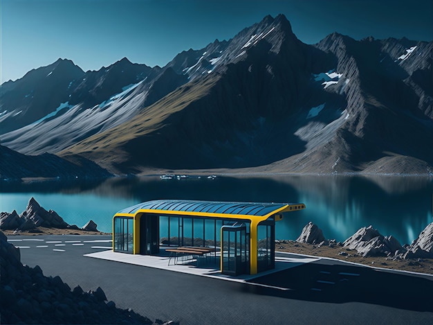 bus stop futuristic in beautiful landscape