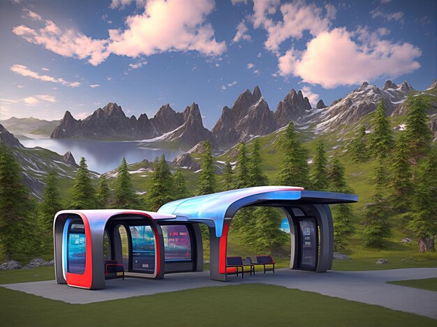 bus stop futuristic in beautiful landscape