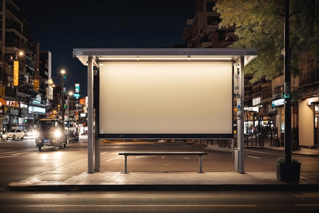 A bus stop illuminated by a billboard at night