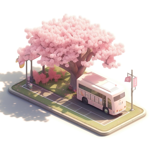 ピンク色の桜の木の近くのバス停