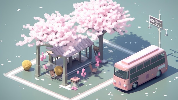 Bus stop near a pink cherry blossom tree