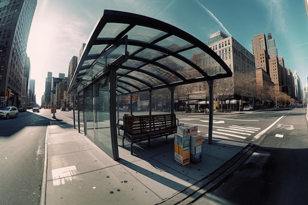 A bus stop with blue sky color on sunny day