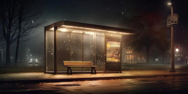 a bus stop with dark lights at night shot by dr eric khan in the style of illustrated advertisement