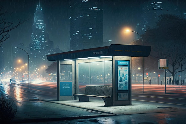 ジェネレーティブ AI で作成された、夜の街のスカイラインとにぎやかな大都市の景色を望むバス停