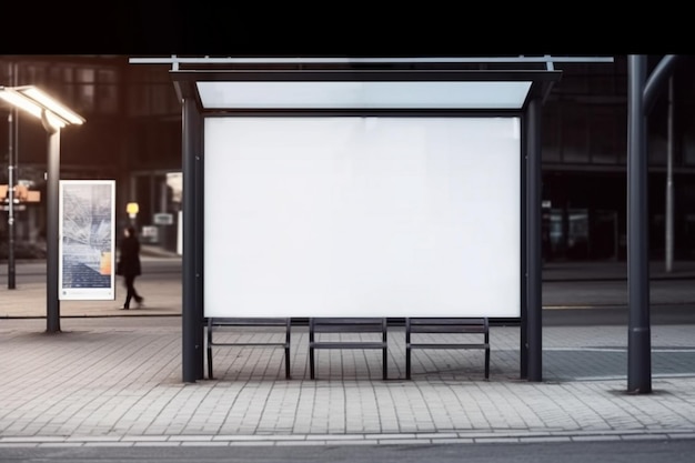 A bus stop with a white billboard on the side.