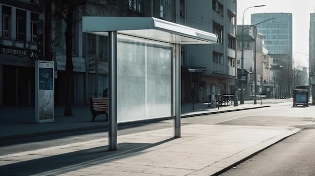 A bus stop with a white cover and a man sitting on the bench.