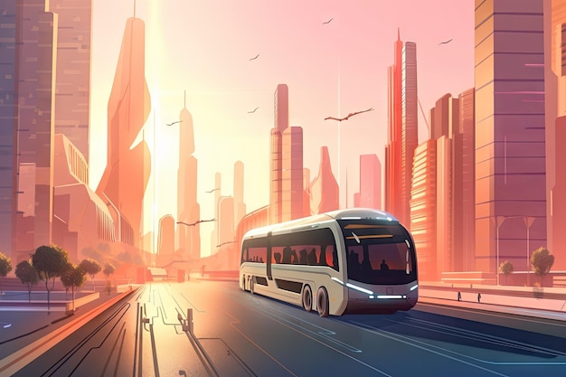 Bus traveling across futuristic city with skyscrapers in the background