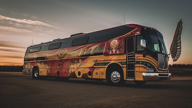 A bus with a colorful design that says'the word rock'on it