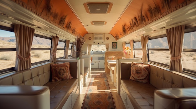 A bus with a couch and a table with pillows on it