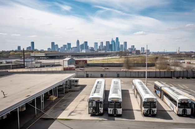 Foto busdepot met uitzicht op de skyline van de stad op de achtergrond pronkt met de metropool