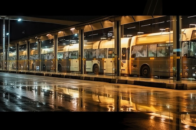 Busdepot 's nachts met de lichten van de terminal schijnend en reflecties op glas