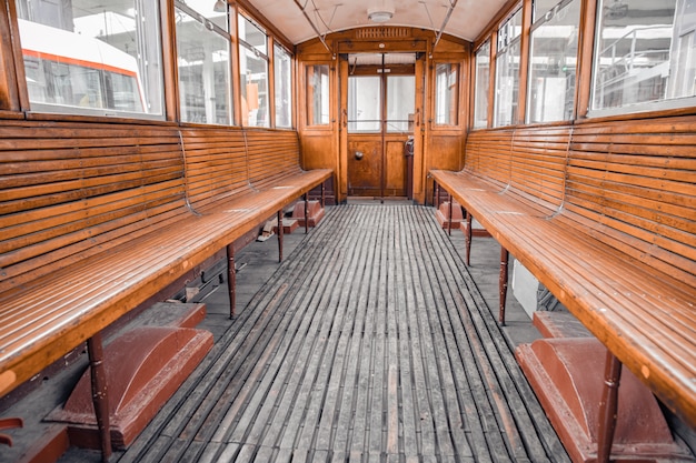 Buses and trams in the depot for servicing and preparation for driving around town