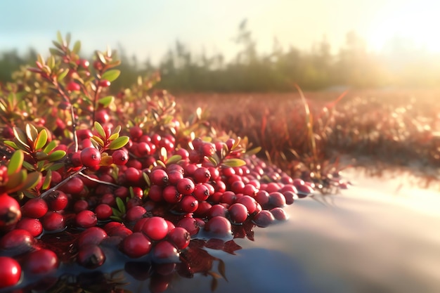 A bush of cranberries glistening with morning dew