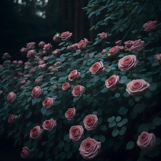 A bush of pink roses with the word rose on it