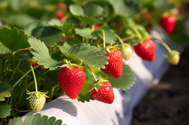 Photo bush of ripe organic strawberries in the garden berry closeup generative ai