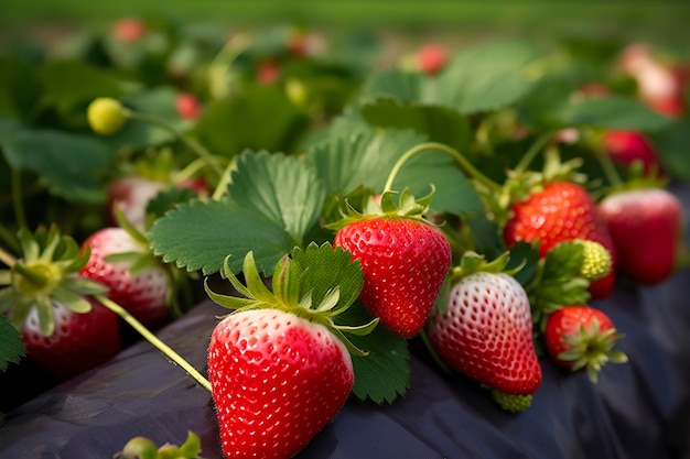 Bush of ripe organic strawberries in the garden Berry closeup Generative AI