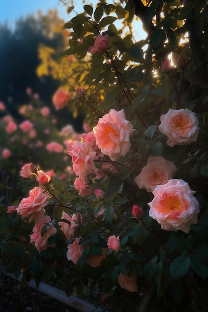 A bush of roses with the sun shining on it