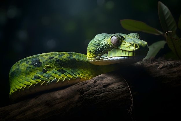 Bush Viper snake on moss covered fallen wood Neural network generated in May 2023 Not based on any actual person scene or pattern