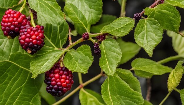 a bush with a bunch of berries on it and a green leaf