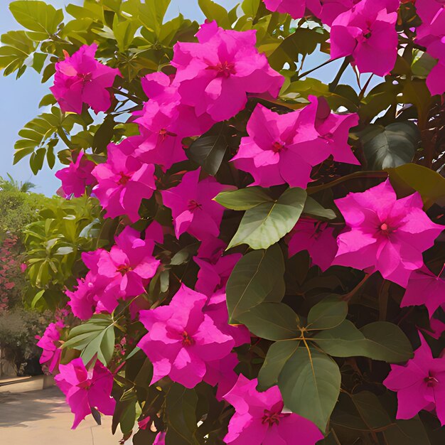 Photo a bush with pink flowers that say  bougainvillea