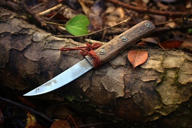 Foto un coltello da bushcraft e un ramo per la costruzione di un rifugio