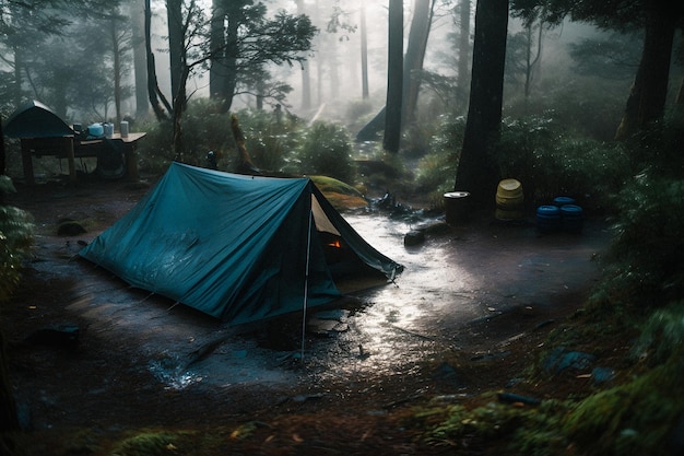 Палатка Bushcraft под брезентом под проливным дождем В объятиях холода рассвета Сцена выносливости