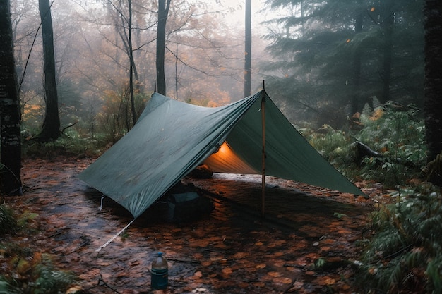 Палатка Bushcraft под брезентом под проливным дождем В объятиях холода рассвета Сцена выносливости