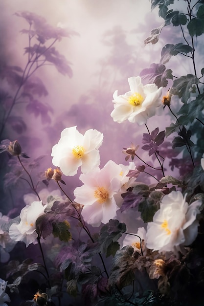 Bushes of white roses on misty background