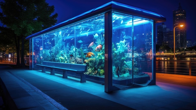 Bushokje met een aquarium in de nachtstad