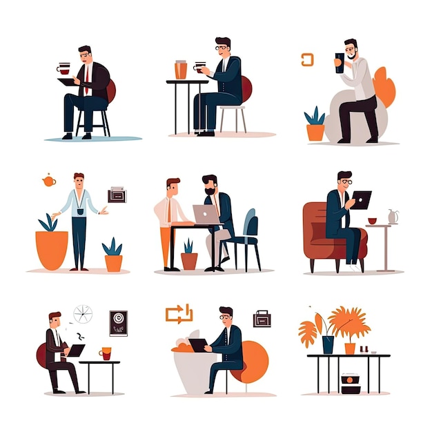 A businesmen Flat vector illustration daily activities working on white background AI Generated