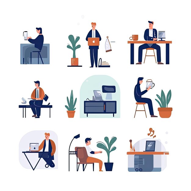 A businesmen Flat vector illustration daily activities working on white background AI Generated