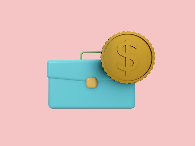 Business 3d icon on pastel color background.Document bag and coin.