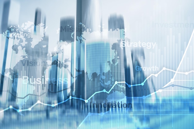 Grafico e diagramma grafico a doppia esposizione con sfondo astratto aziendale mappa mondiale e concetto di commercio finanziario e commerciale globale