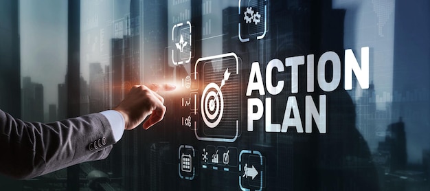 Photo business action plan strategy concept on virtual screen time management