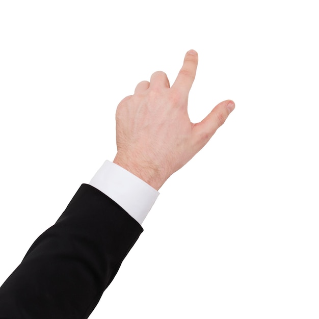 business and advertisement concept - close up of businessman pointing to something