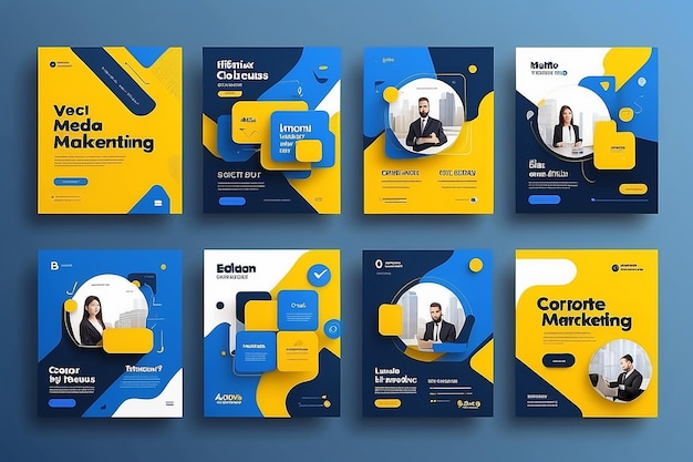 Business advertisement social media post bundle with blue and yellow colors