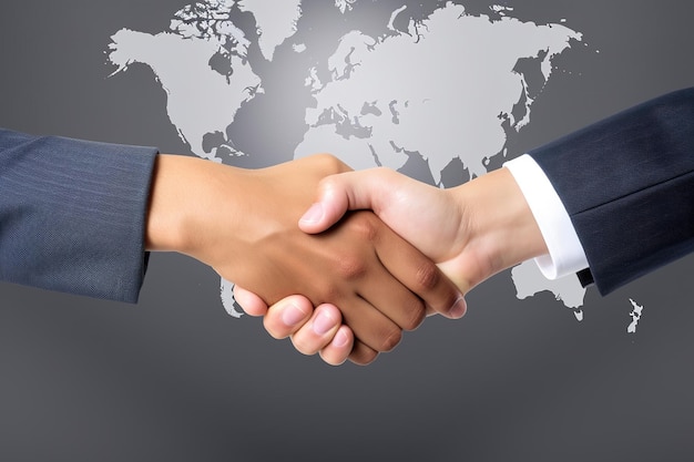 Business agreement handshake hand gesture with a world map in the background