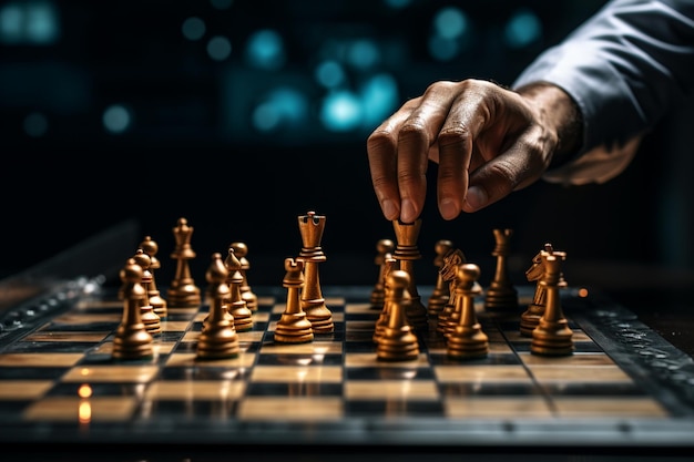 Business analogy Hand engages chessboard symbolizing calculated planning and strategic comparisons