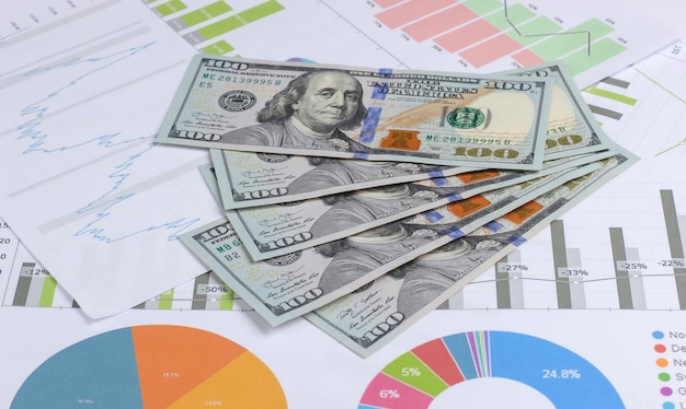 Business analysis. Financial analytics. Dollar bills with graphs and charts close up. Economic forecast of growth and fall of the currency