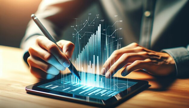 ビジネスアナリストがタブレットでインタラクティブなデータ成長チャートをレビューし,財務増加と市場傾向を強調しています