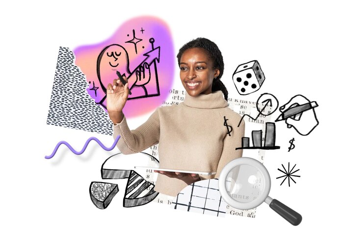 Photo business analyst woman png doodle remix transparent background