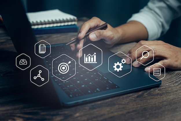 business analytics concept with digital data diagrams and chart financial dashboard of company