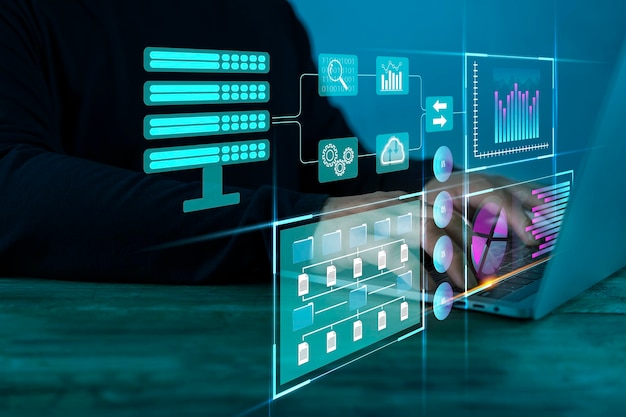 Business Analytics en Data Management System op de computer maken een rapport met KPI en statistieken verbonden met de database