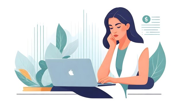 Business Analytics Woman Vector Illustration Laptop Money and Deep Thought