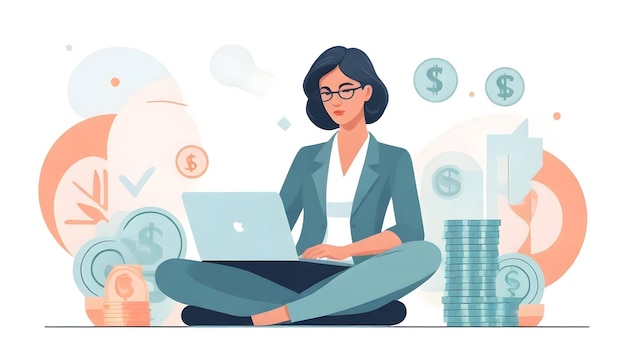 Business Analytics Woman Vector Illustration Laptop Money and Deep Thought