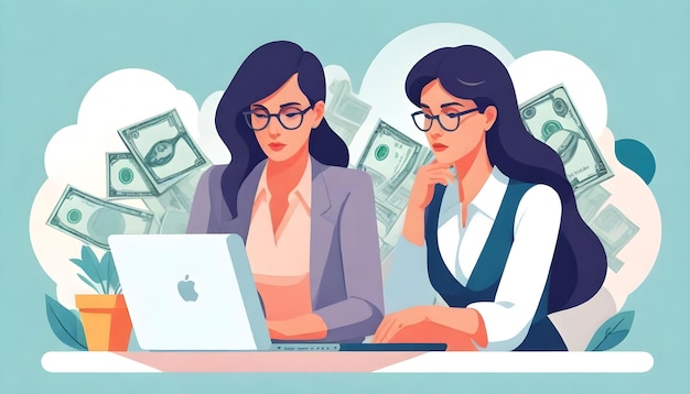 Business Analytics Woman Vector Illustration Laptop Money and Deep Thought