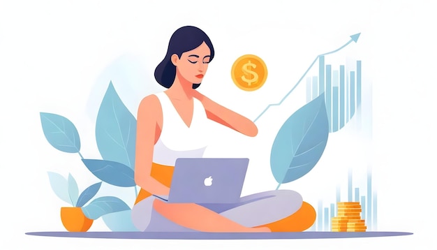 Business Analytics Woman Vector Illustration Laptop Money and Deep Thought